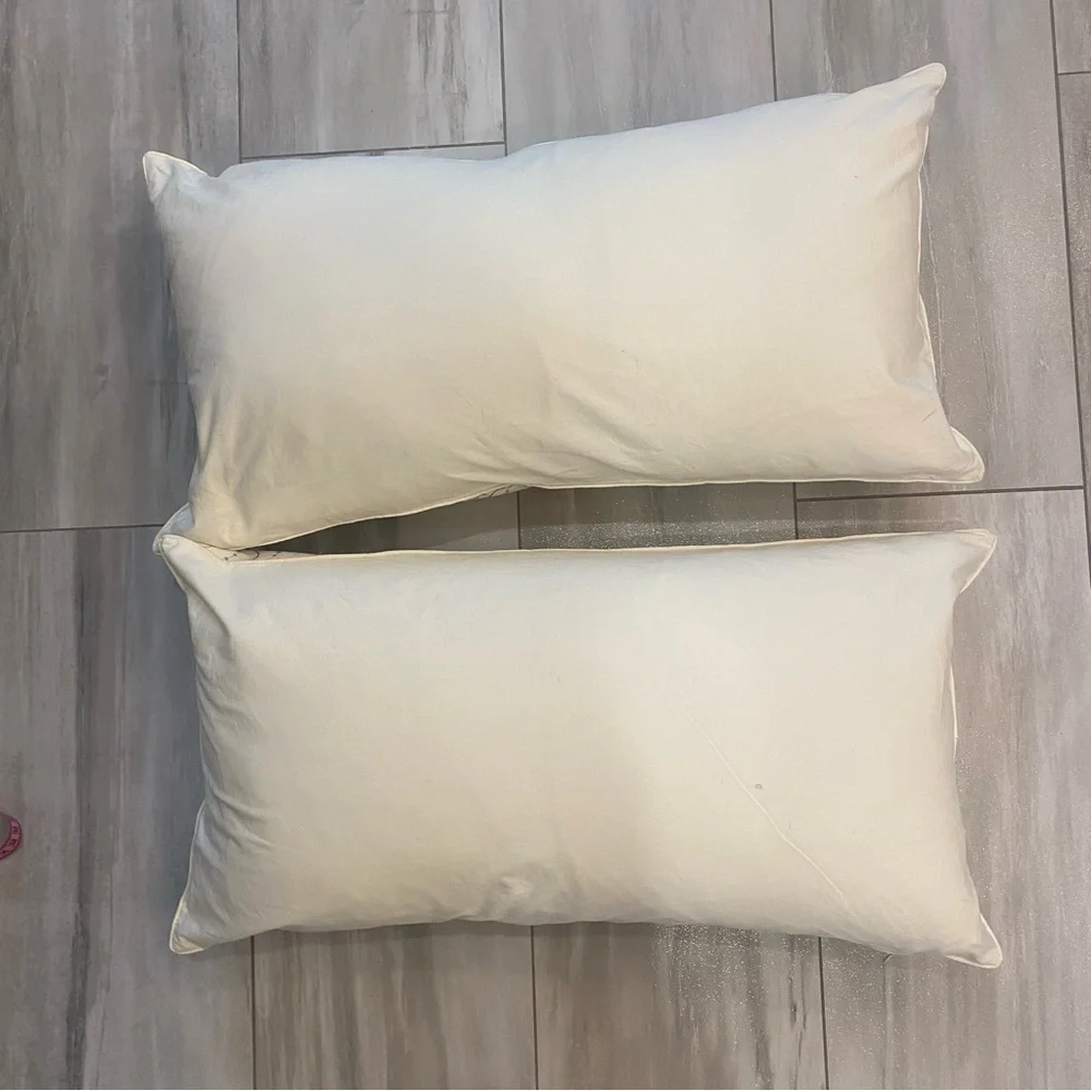 Pair of Cream Rectangle Lumbar Pillows with Blue and Tan Decorative Embroidery